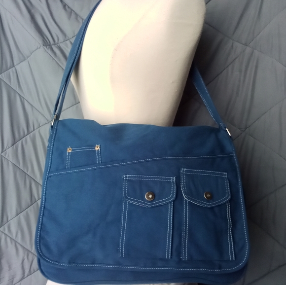 Women's Blue Satchel Crossbody Utility Bag with Blue & Pink Floral Design Lining - Picture 1 of 13